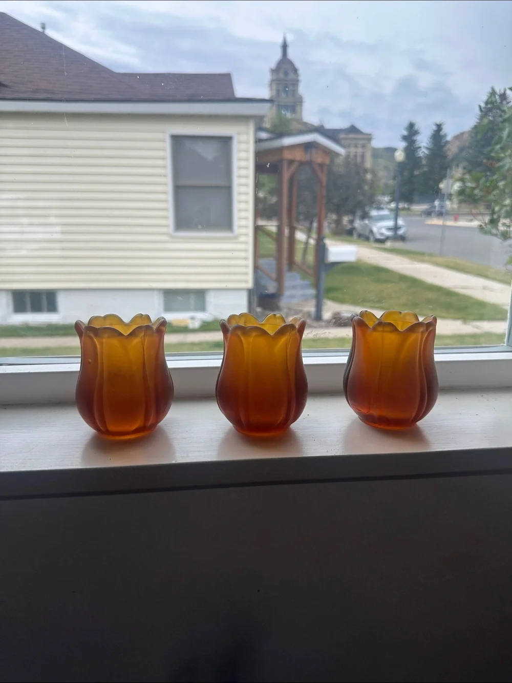 Vintage Faroy Amber Glass Tulip Votive Candle Holdets - Set of 3